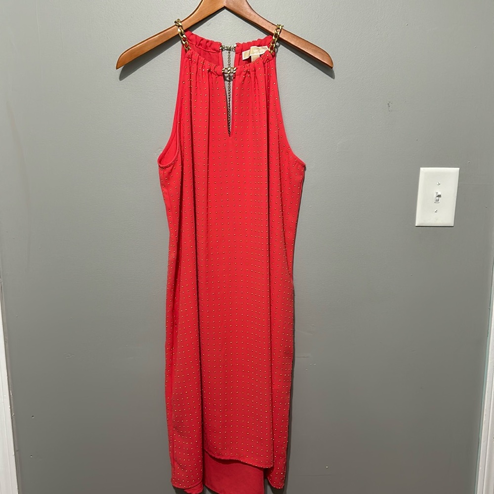Michael Kors Halter Dress, Orange W/Gold Chain & Bead Embellishments, Large